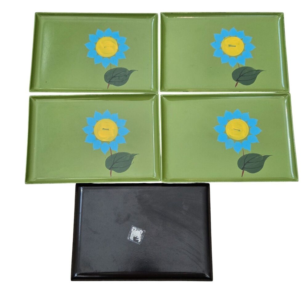 Set 5 Groovy Retro Avocado Green Trays Melamine Japan Mod Flower MCM Small 7.5x5